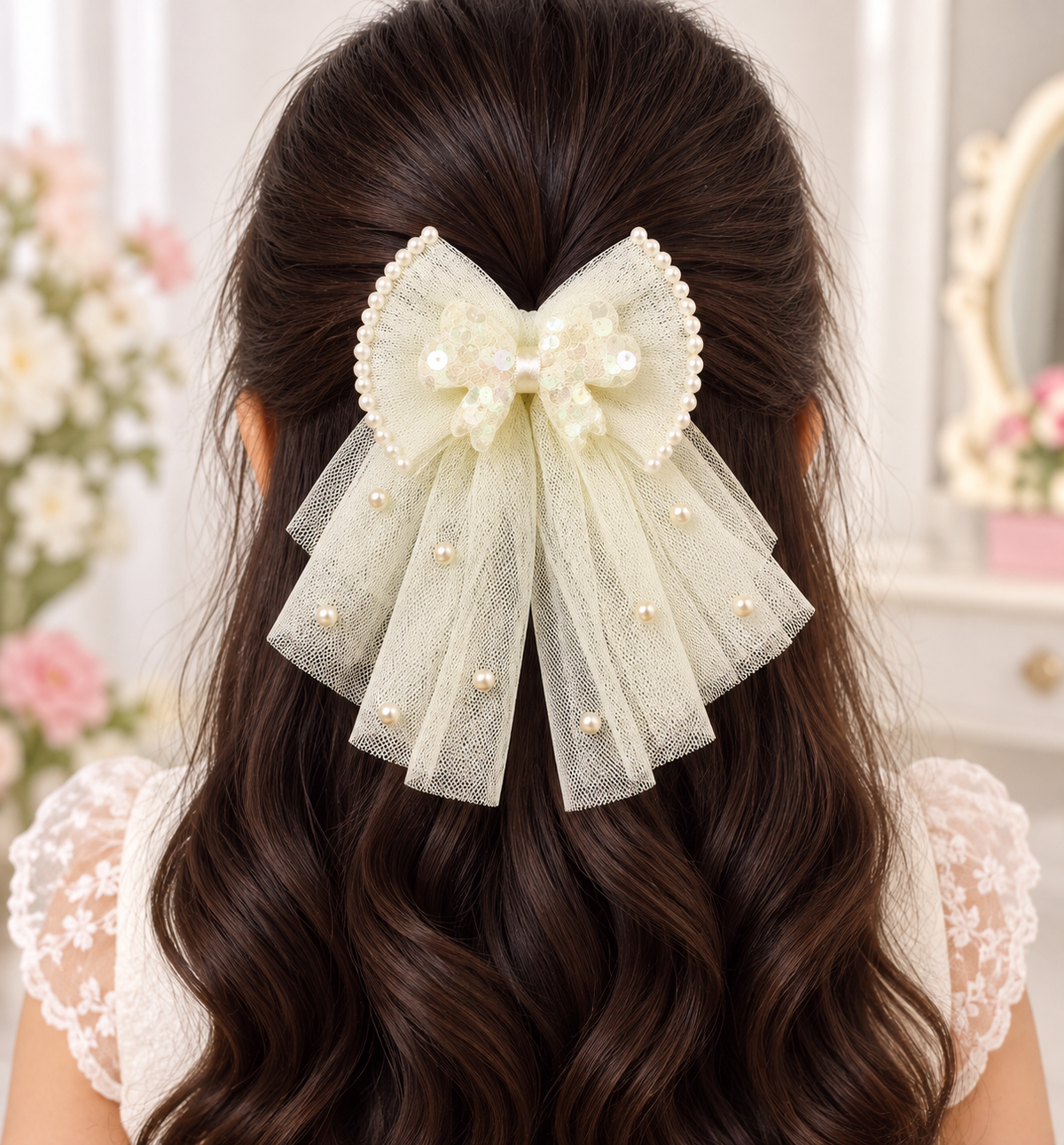 Pearl Tulle Drape Bow Clip