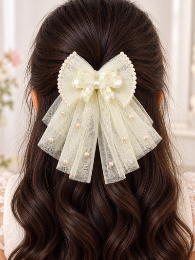 Pearl Tulle Drape Bow Clip