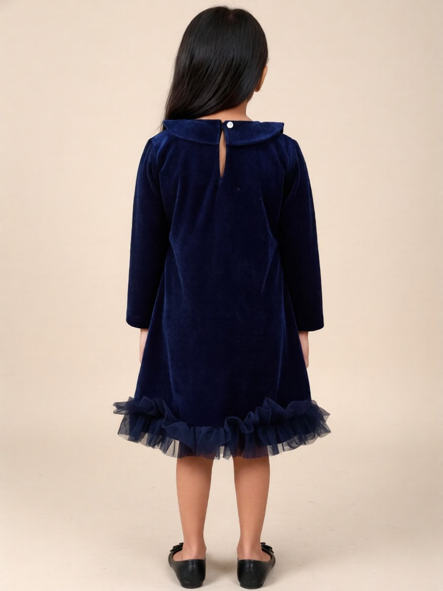 Navy Blue Velvet Ruffle Dress for Girls