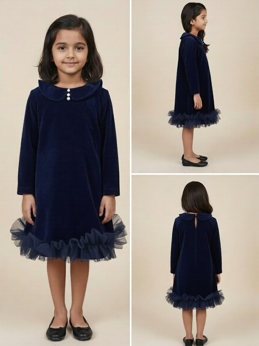 Navy Blue Velvet Ruffle Dress for Girls