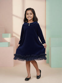 Navy Blue Velvet Ruffle Dress for Girls