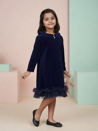 Navy Blue Velvet Ruffle Dress for Girls