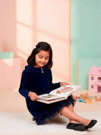 Navy Blue Velvet Ruffle Dress for Girls