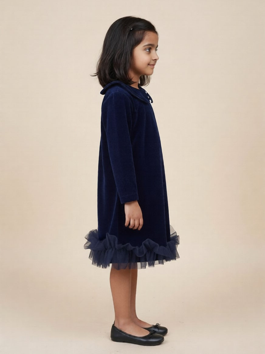 Navy Blue Velvet Ruffle Dress for Girls
