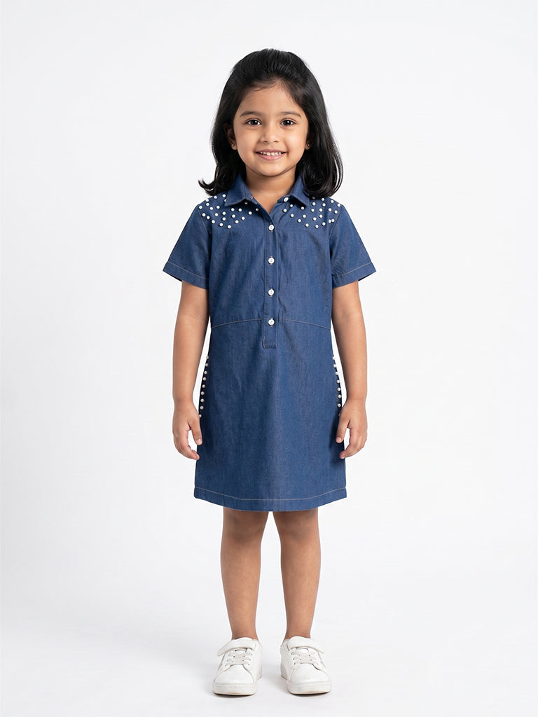 Pearl Stud Denim Shirt Dress