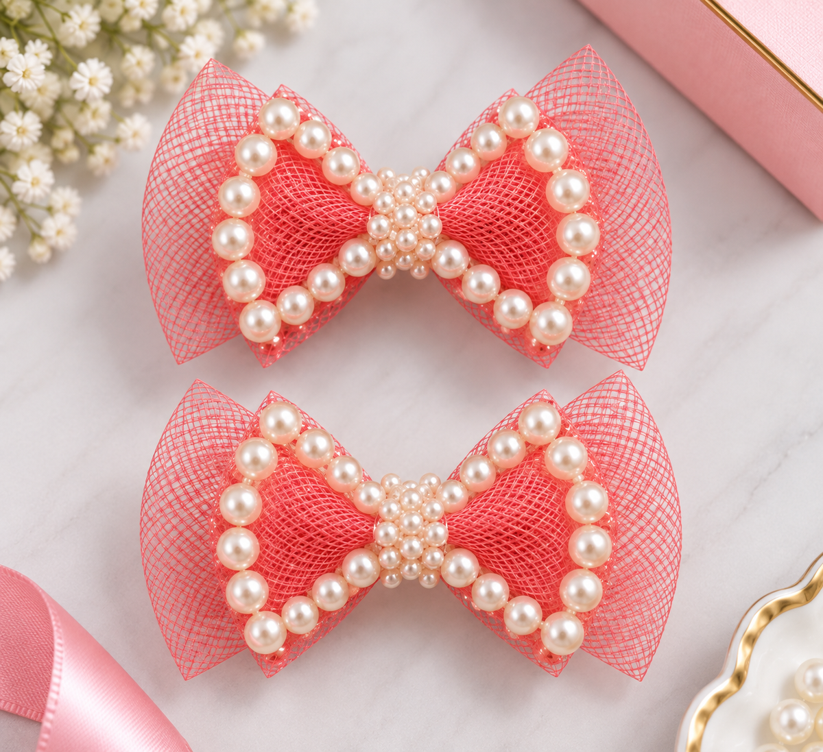 Pearl Outline Bow Hair Clips — Set of 2