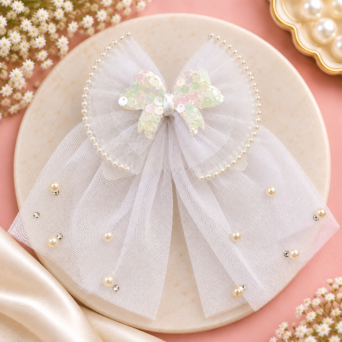 Pearl Tulle Drape Bow Clip