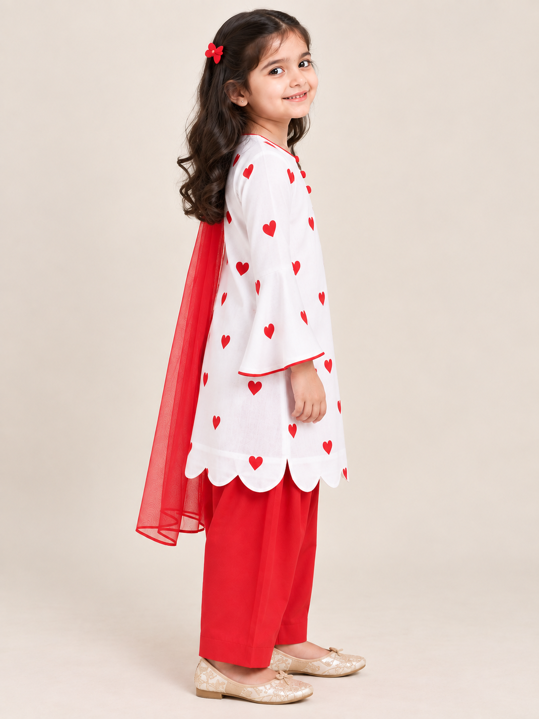 Little Hearts White & Red Patiala Suit Set