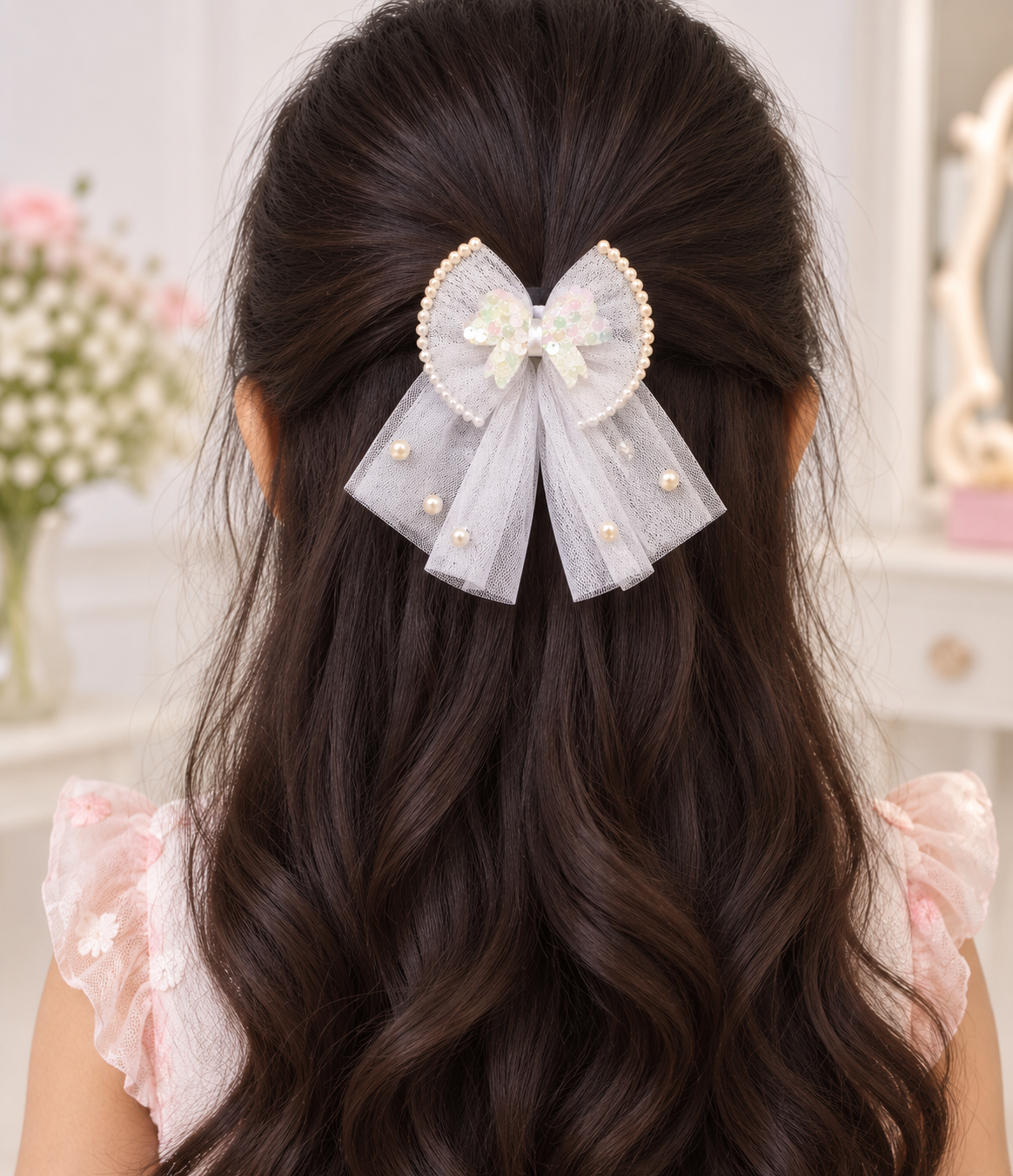 Pearl Tulle Drape Bow Clip