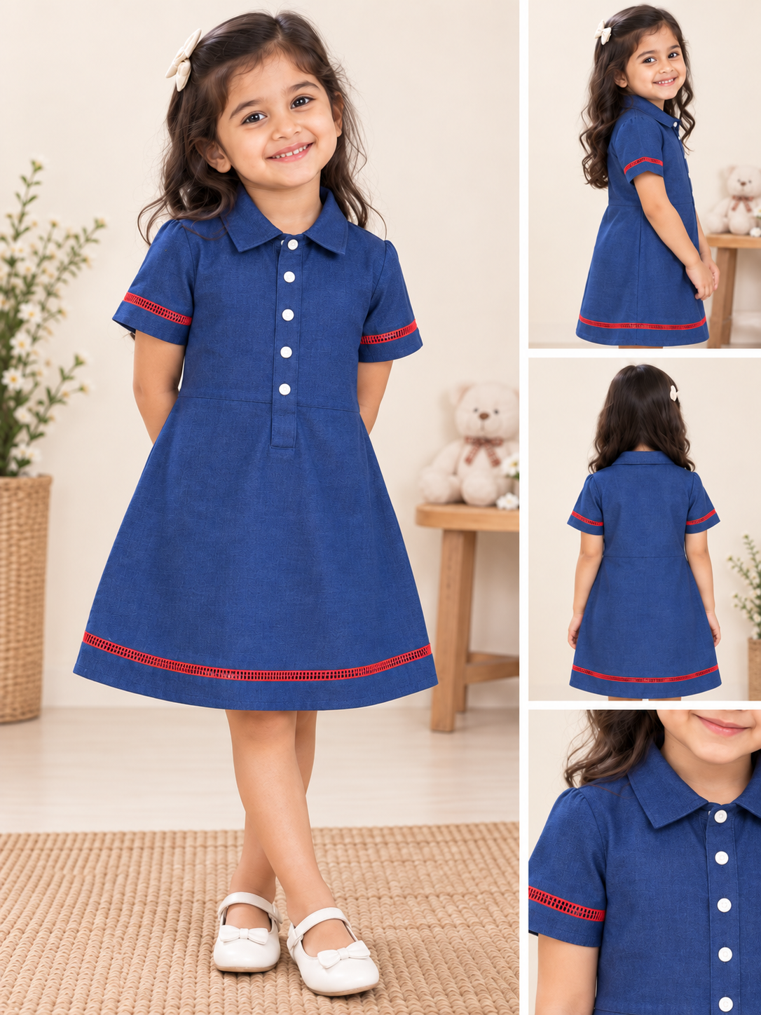 Cherry Trim Blue Shirt Dress