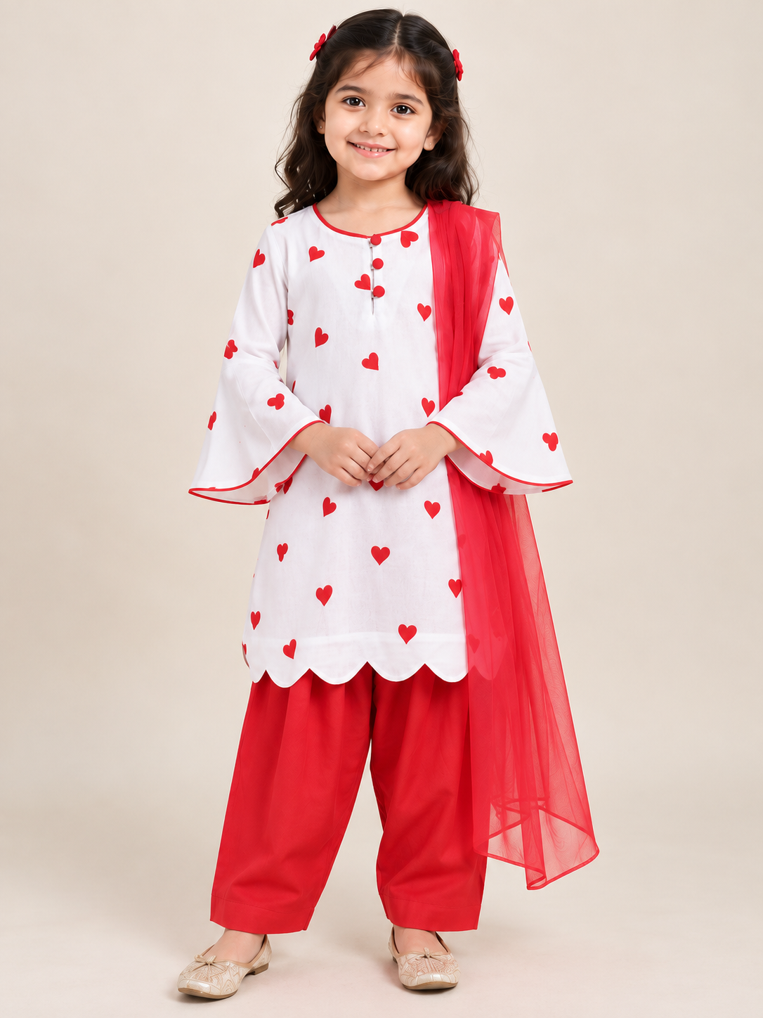 Little Hearts White & Red Patiala Suit Set