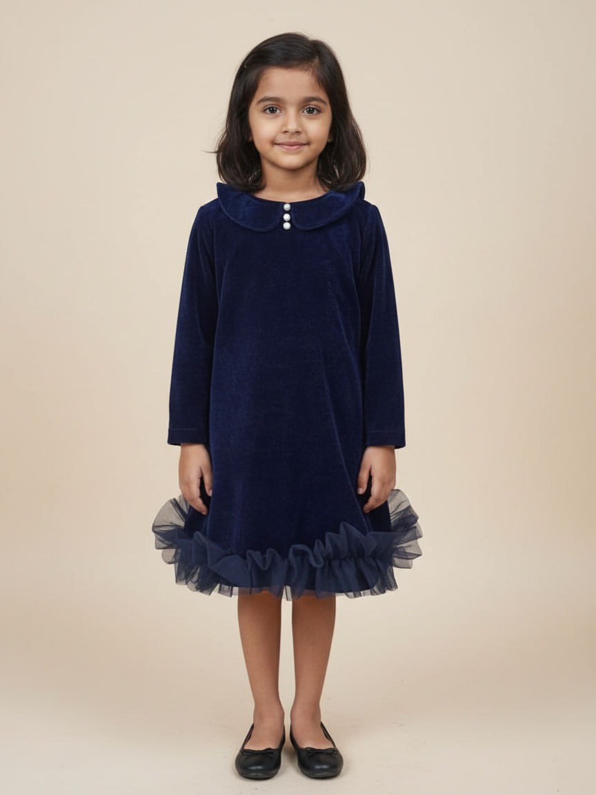 Navy Blue Velvet Ruffle Dress for Girls