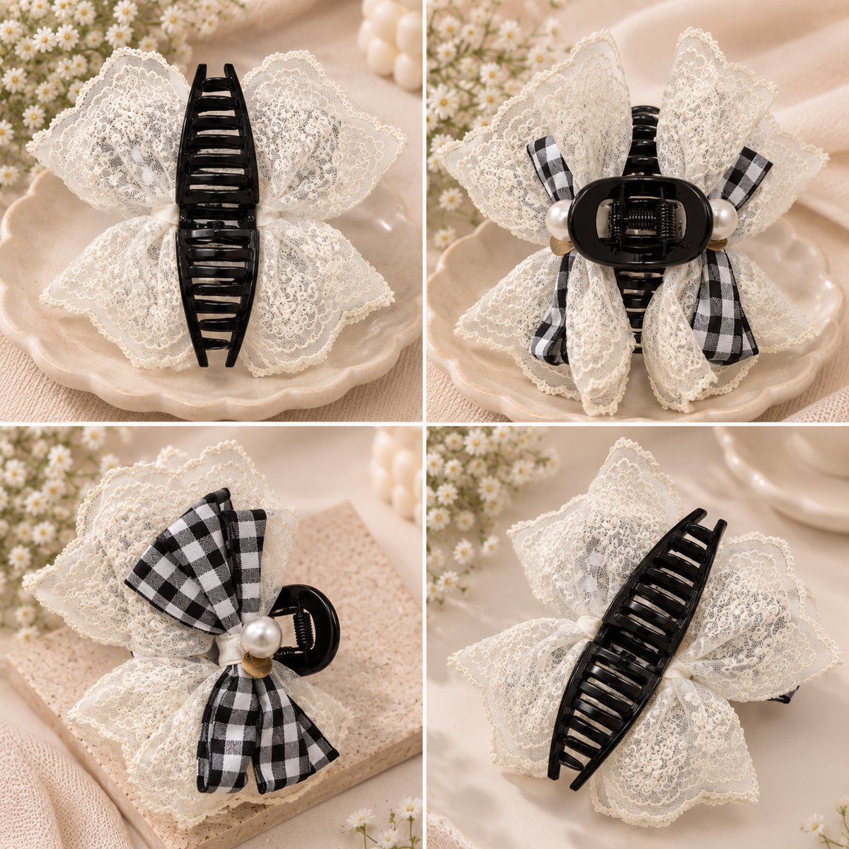 Gingham Lace Bow Claw Clip