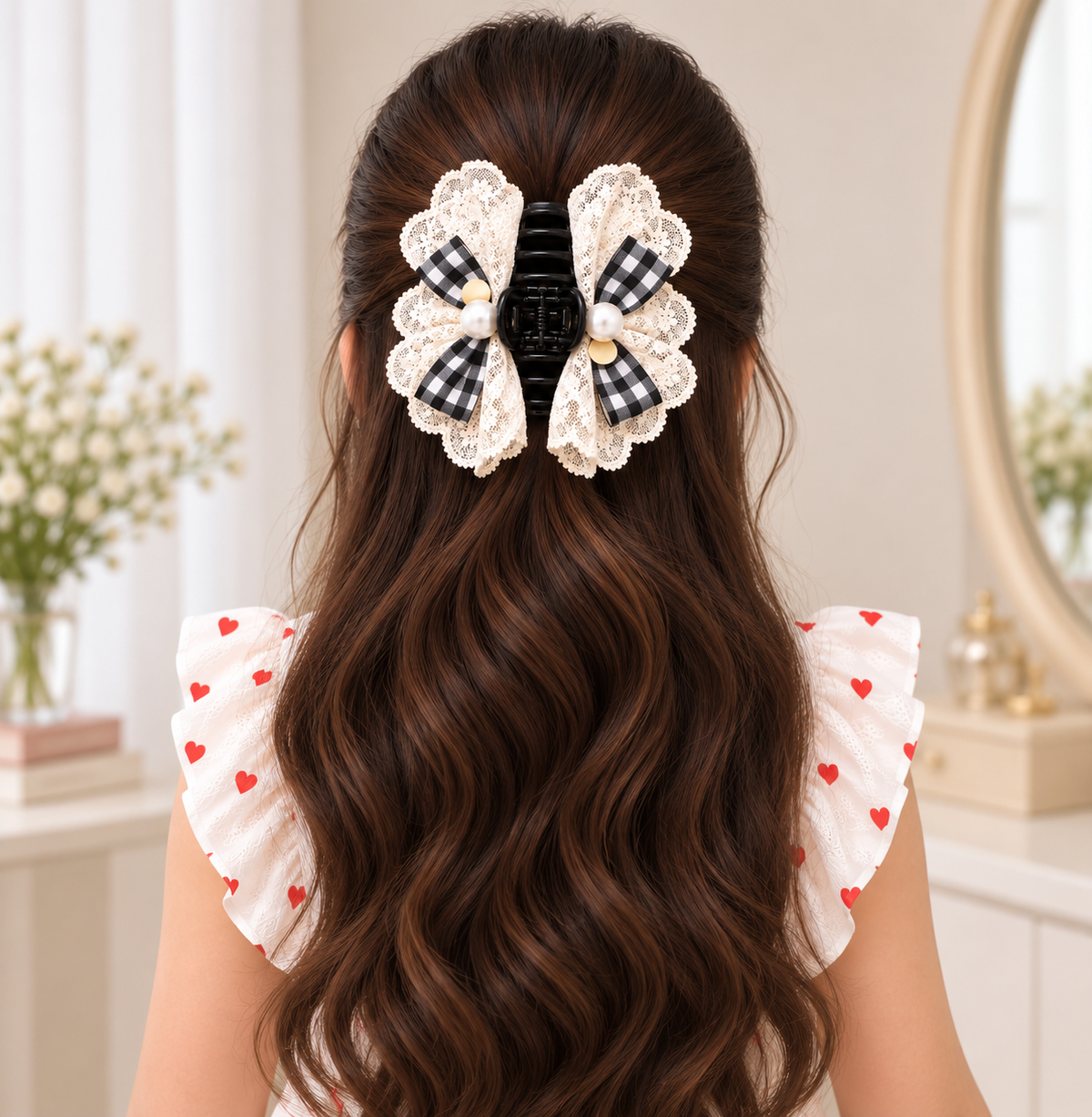 Gingham Lace Bow Claw Clip