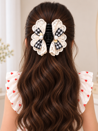 Gingham Lace Bow Claw Clip