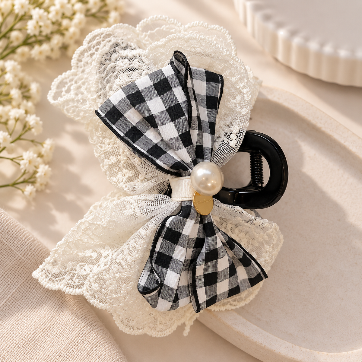 Gingham Lace Bow Claw Clip