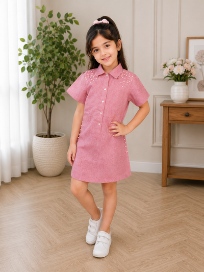 Pearl Stud Shirt Dress – Blush Pink