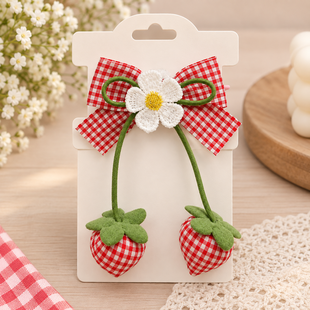 Strawberry Gingham Bow Hair Tie