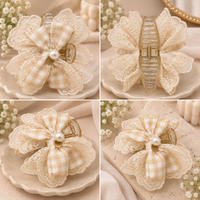 Gingham Lace Bow Claw Clip