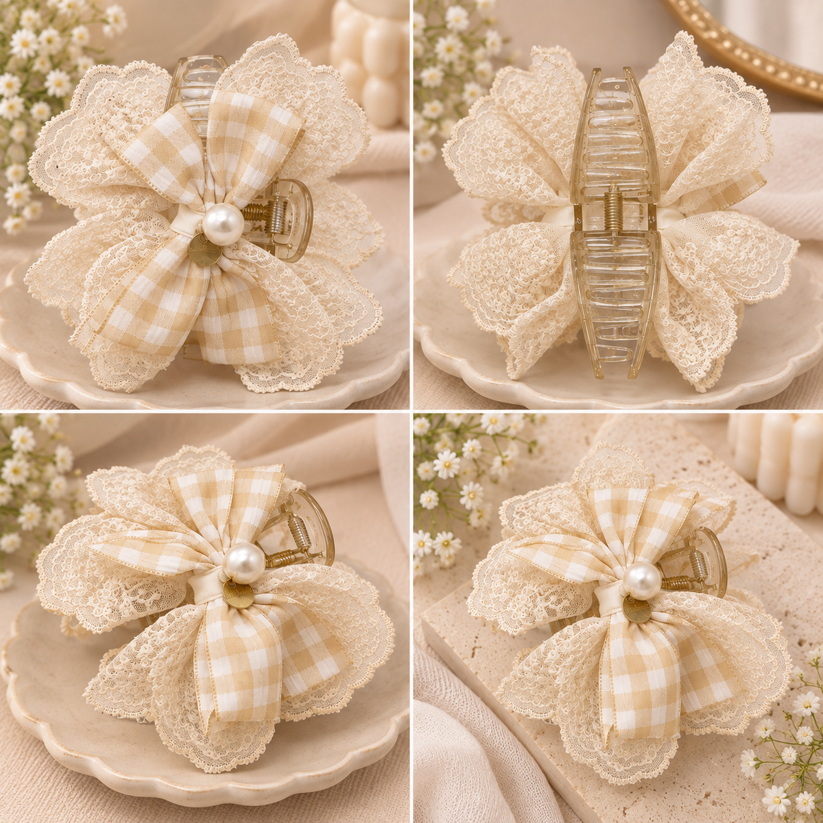 Gingham Lace Bow Claw Clip