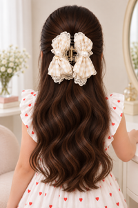 Gingham Lace Bow Claw Clip