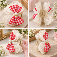 Gingham Lace Bow Claw Clip