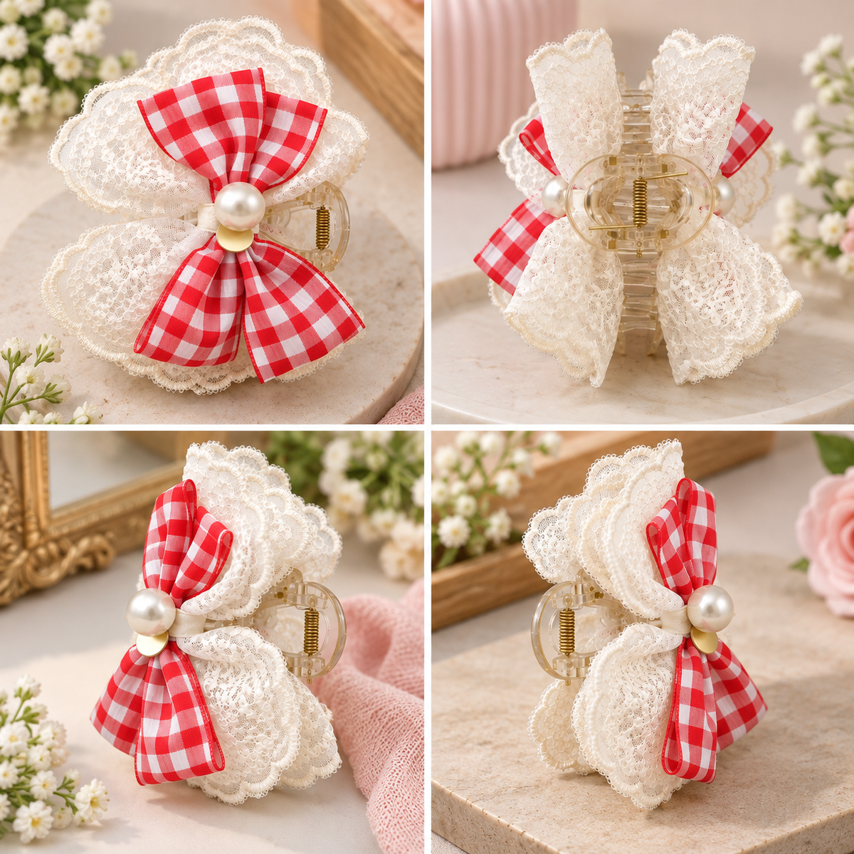 Gingham Lace Bow Claw Clip