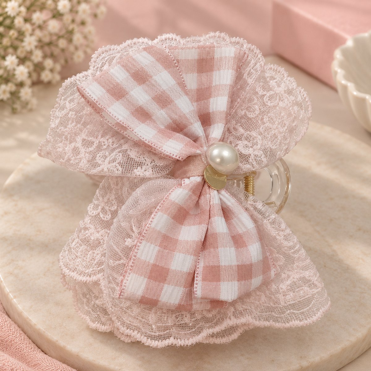 Gingham Lace Bow Claw Clip