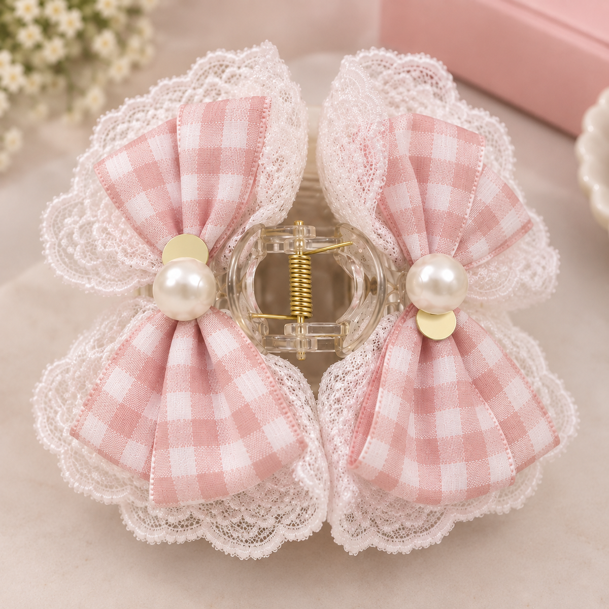 Gingham Lace Bow Claw Clip
