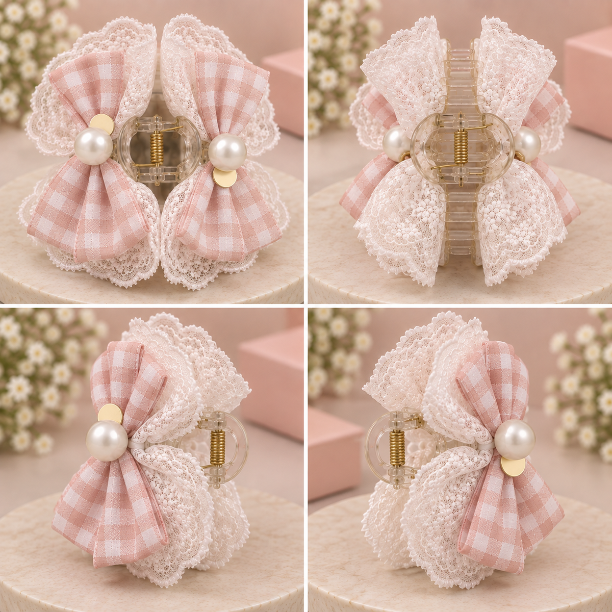 Gingham Lace Bow Claw Clip
