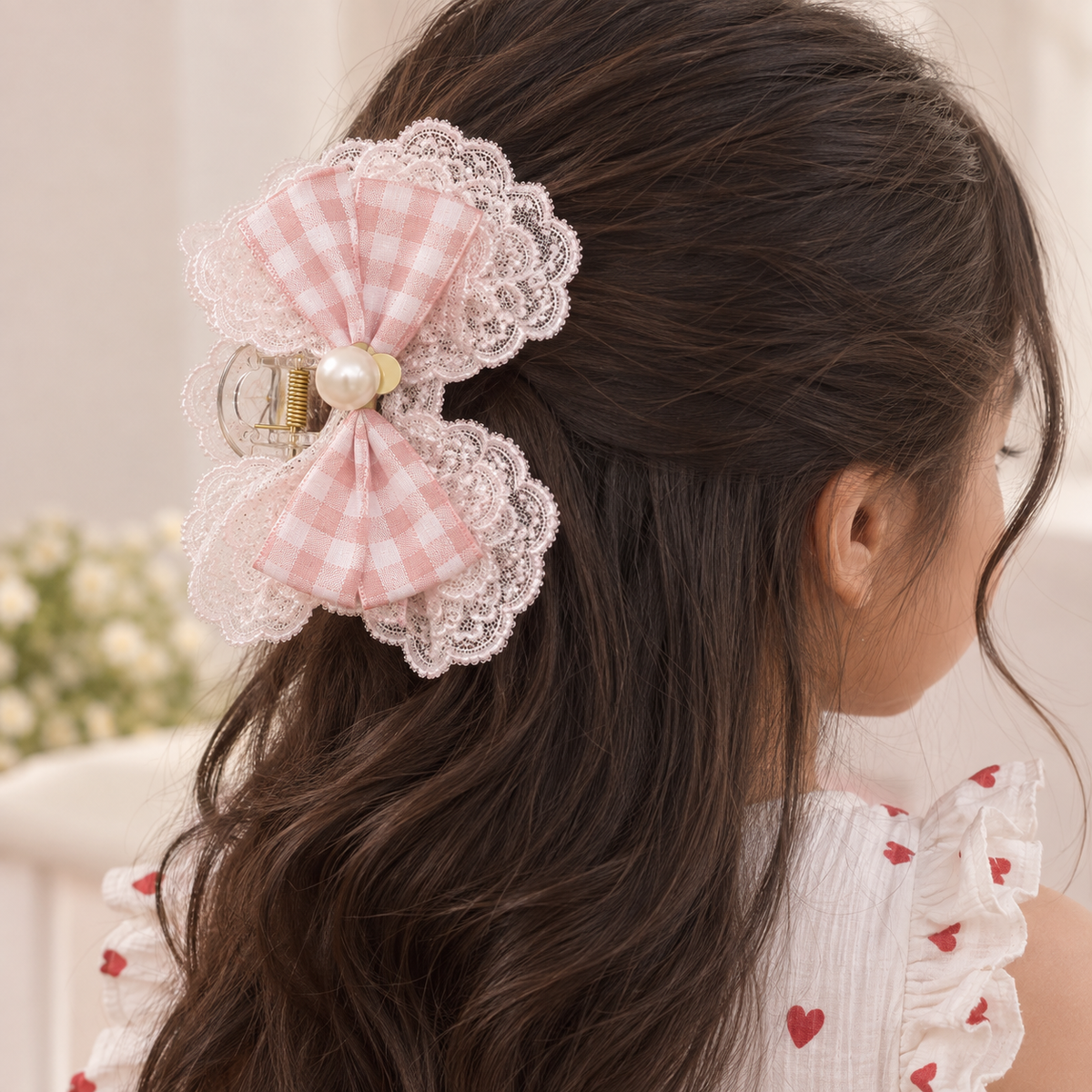 Gingham Lace Bow Claw Clip