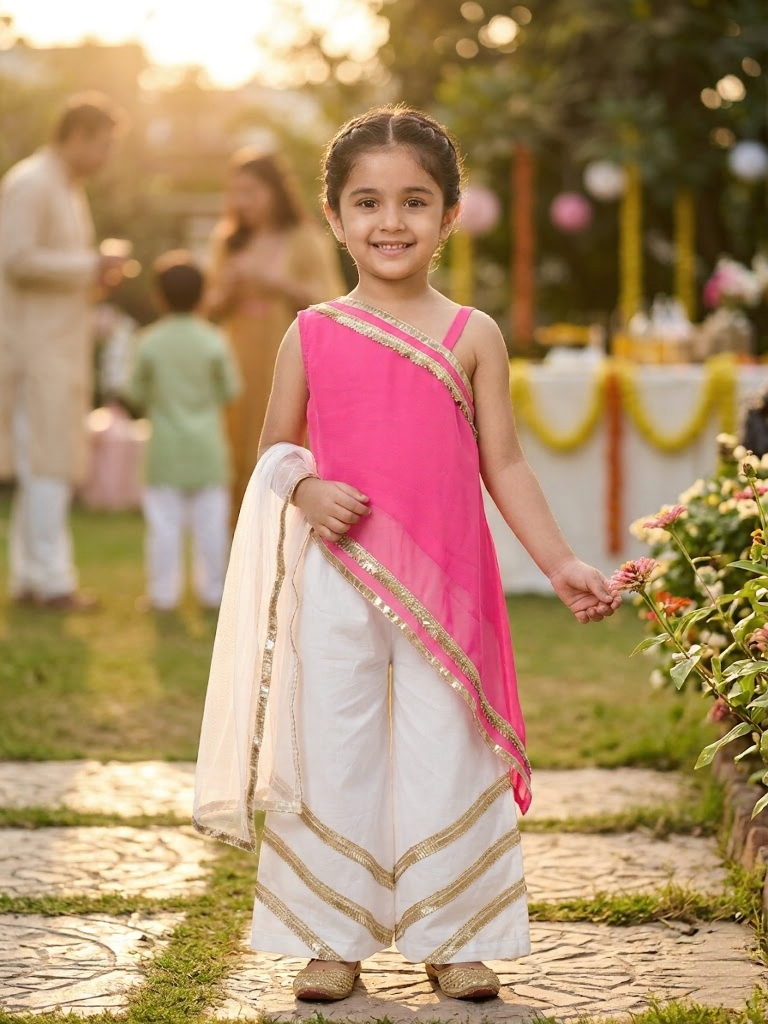 Candy Drape Pink & White Kids' Top Pant Set