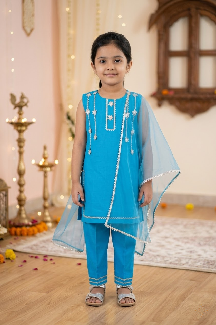 Sky Star Cyan Kids' Kurta Pant Set