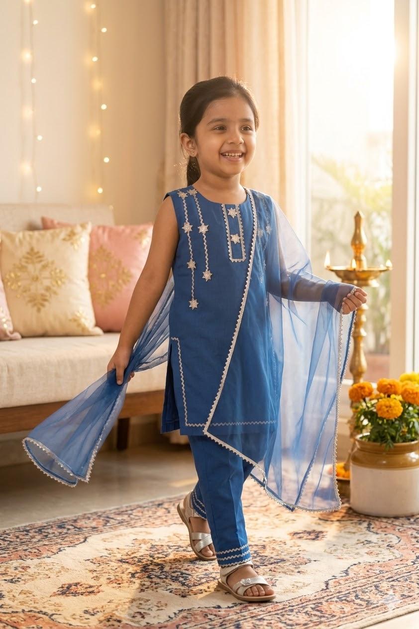 Sky Star Cyan Kids' Kurta Pant Set