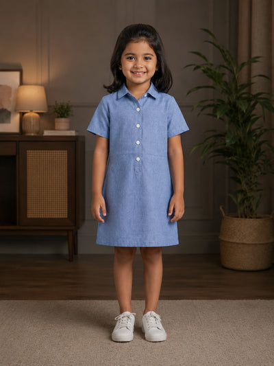 Sky Blue Cotton Linen Shirt Dress