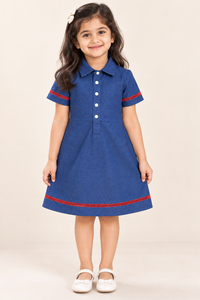 Cherry Trim Blue Shirt Dress