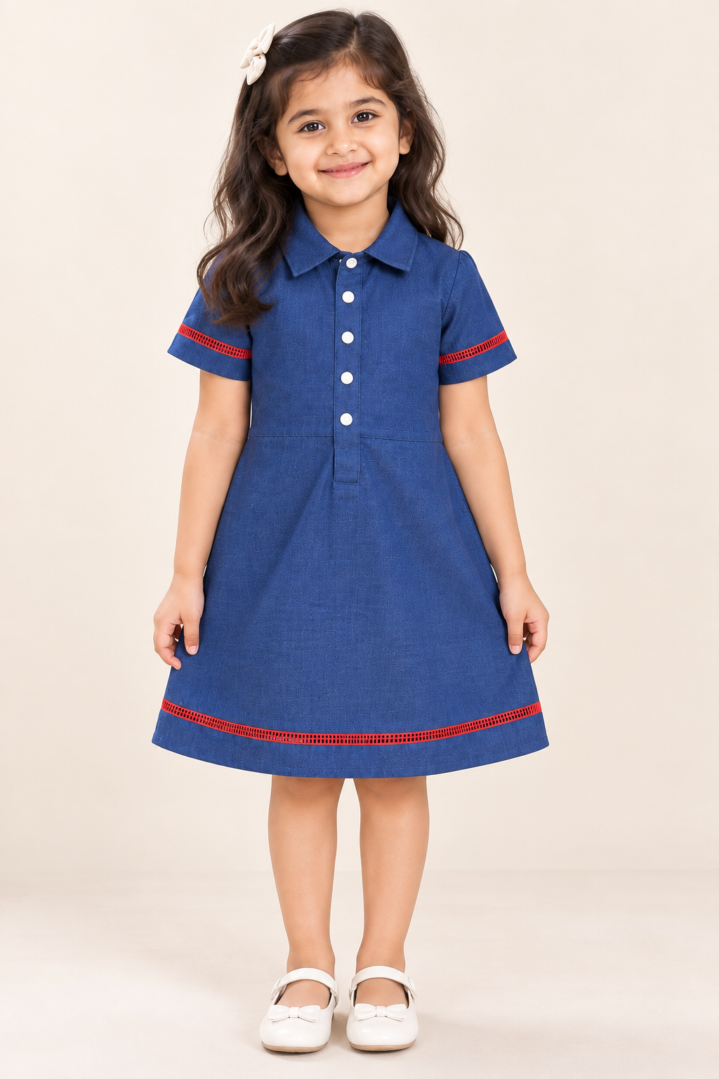 Cherry Trim Blue Shirt Dress