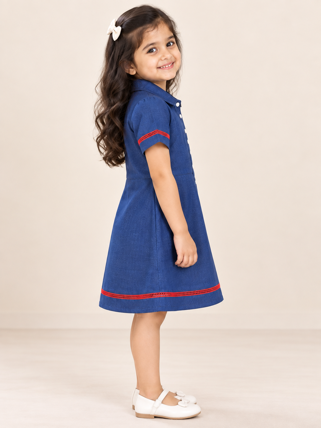 Cherry Trim Blue Shirt Dress