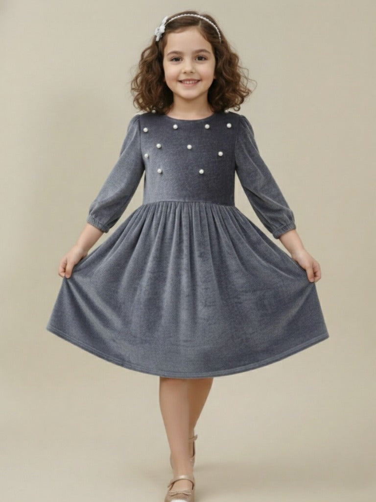 Pearl Embellished Velvet Party Dress