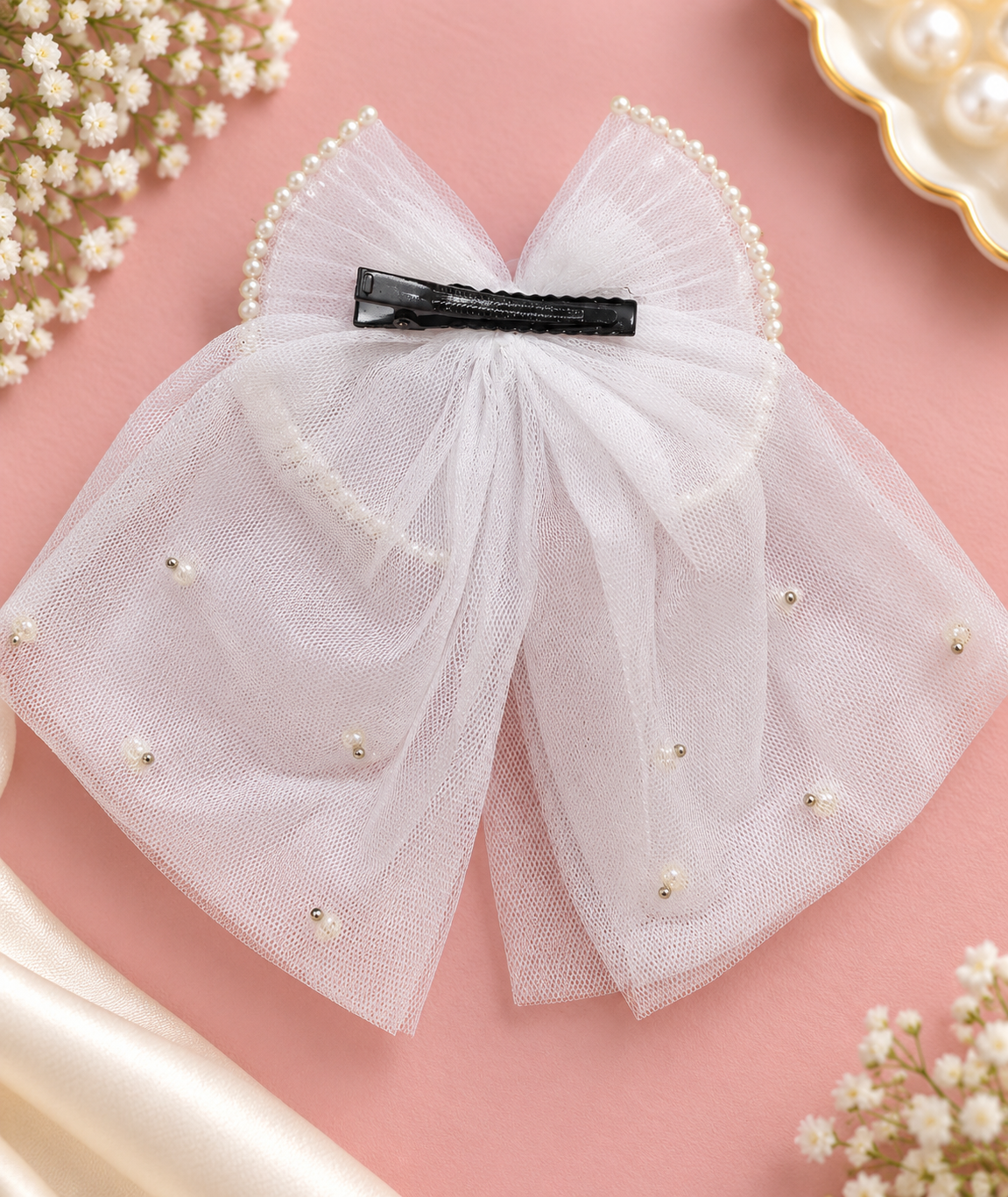 Pearl Tulle Drape Bow Clip