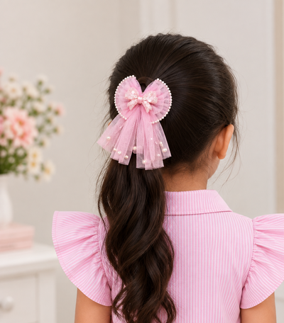 Pearl Tulle Drape Bow Clip
