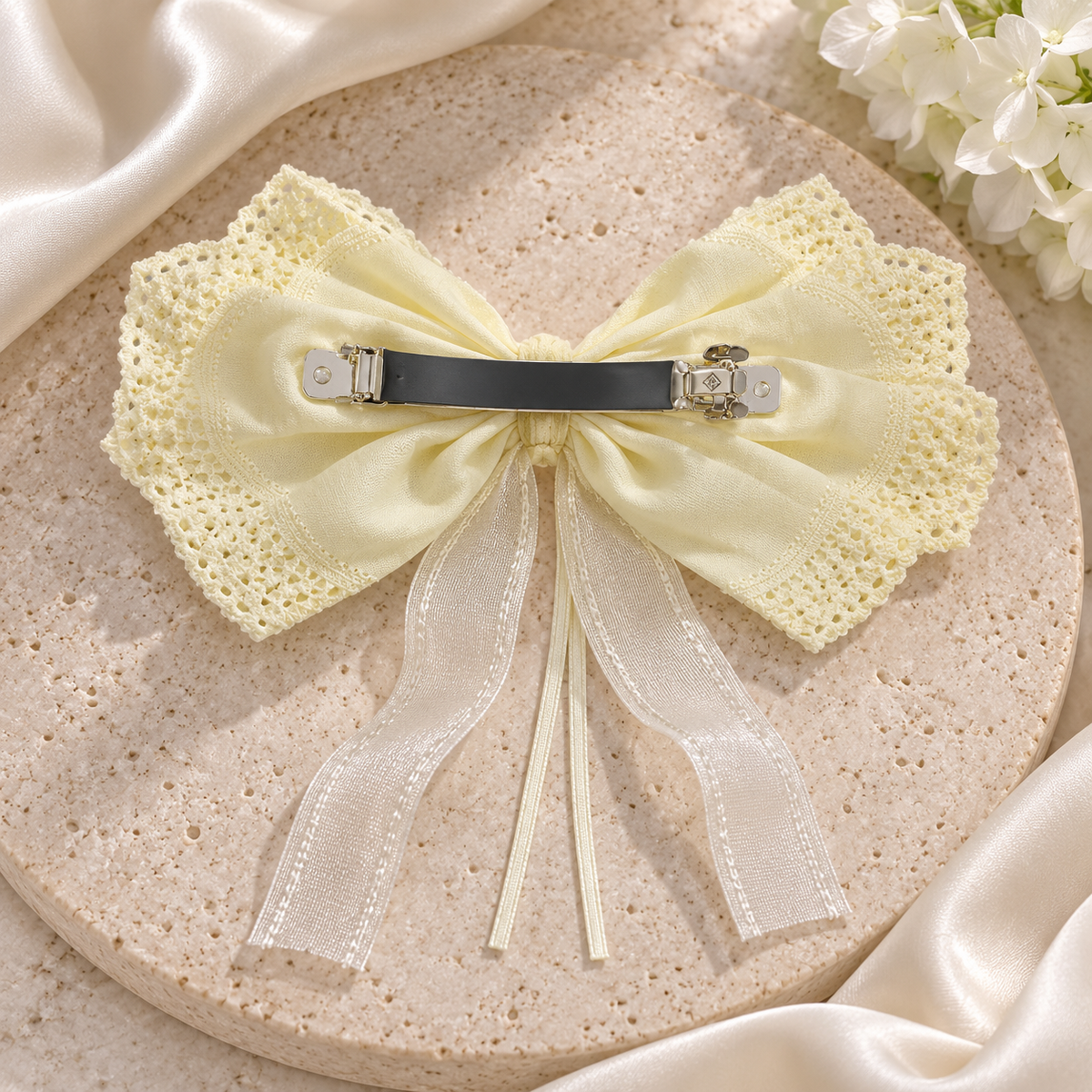 White Dahlia Yellow pastel lace ribbon bow clip