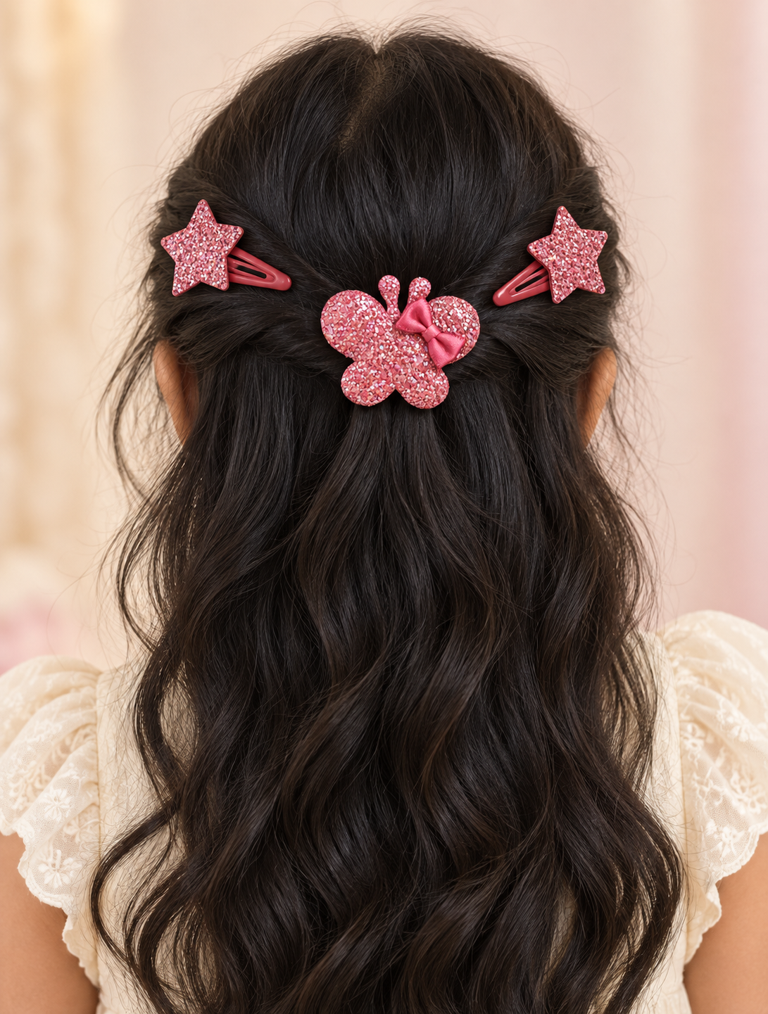 Glitter Stars and Character Hair Clip Set Dark Pink