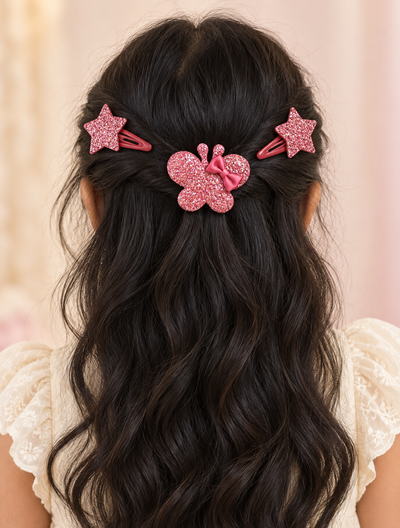 Glitter Stars and Character Hair Clip Set Dark Pink