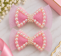 White Dahlia pearl outline bow hair clips Pink
