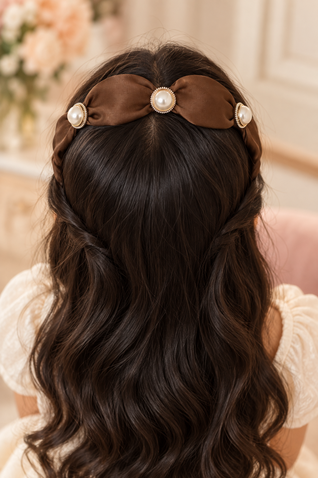 Pearl Accent Bow Headband Chocolate Brown