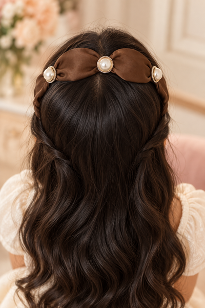 Pearl Accent Bow Headband Chocolate Brown