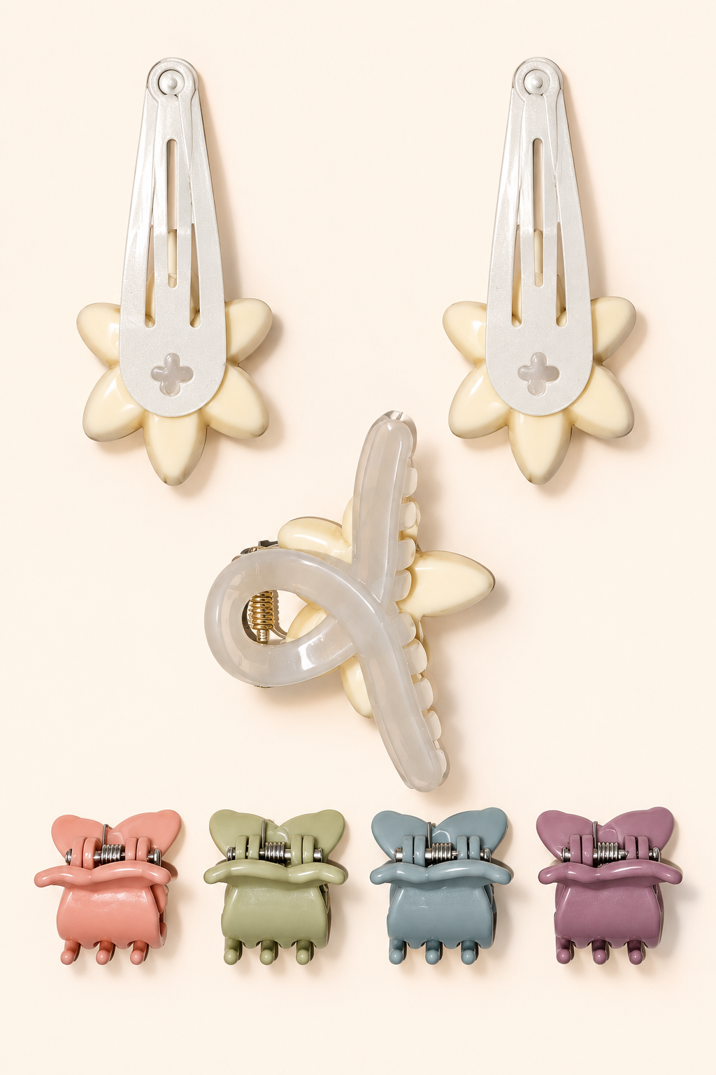 Floral Snap and Mini Claw Set Ivory