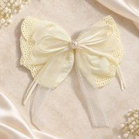 White Dahlia Yellow pastel lace ribbon bow clip