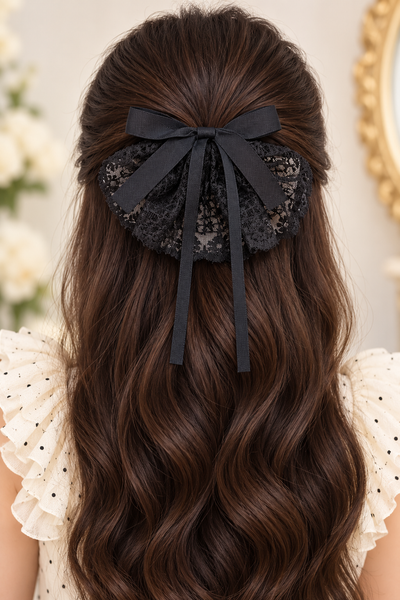 White Dahlia lace fan ribbon bow clip Black